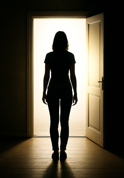 Person steht in einer Türöffnung – Sinnbild für Übergang, Grenzen und den Mut, ungesunde Situationen zu verlassen